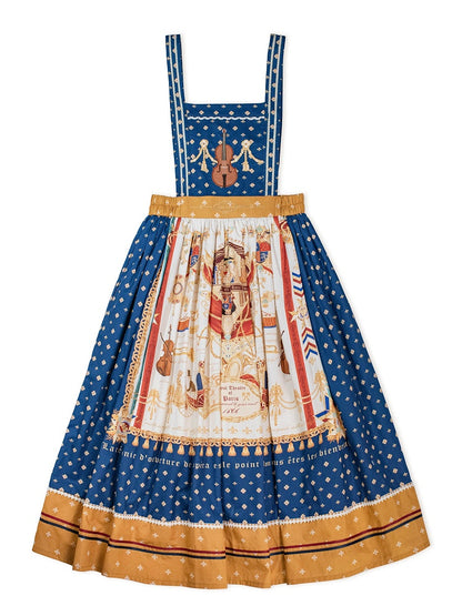 Dark Blue Musical Print Overall Dress with Detachable Straps - Crucis Universal Tailor Company