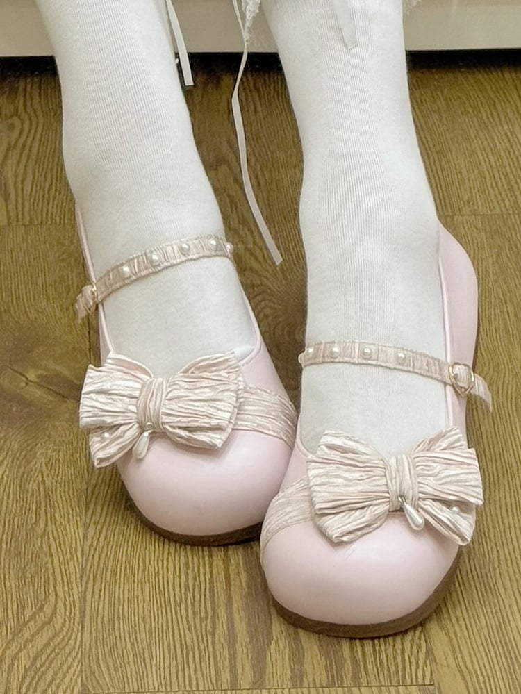 Pink Round Decorated Shoes Strawberry Top at Toe Buckle Bow Heart Lolita Beaded