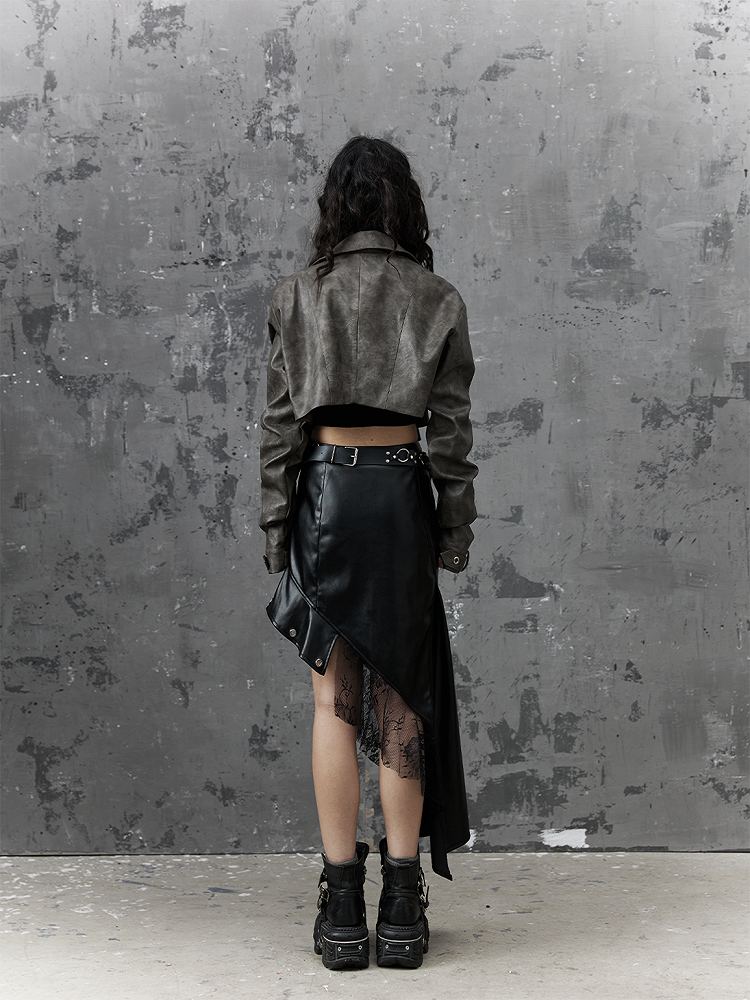 Asymmetrical Black Punk PU Skirt With Studded Belt  Lace Accents