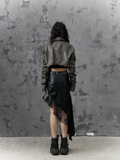 Asymmetrical Black Punk PU Skirt With Studded Belt  Lace Accents