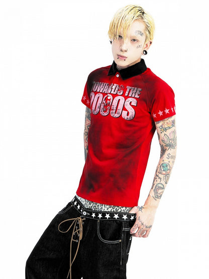 Red Letter Print Polo Shirt with Short Sleeves - DETW OnLine