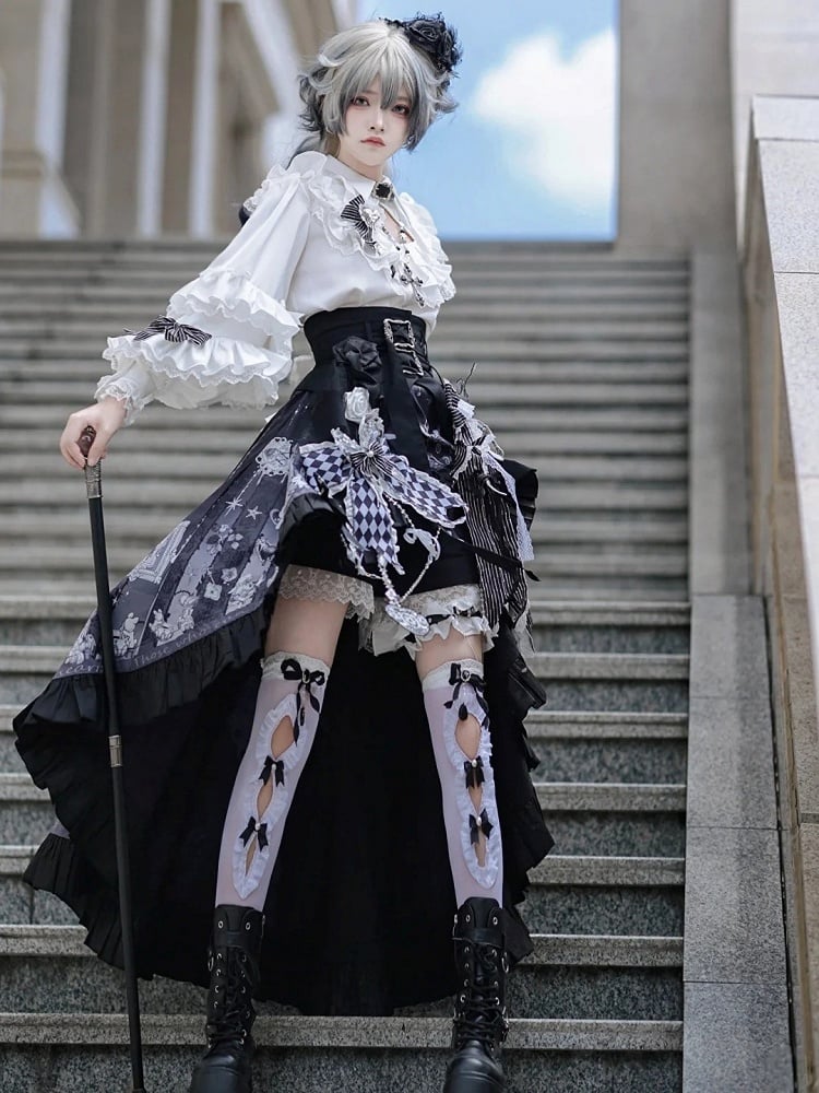 Lolita High-low Skirt Outfit Vibes Black Belt Ouji Shorts Circus Print + Shirt Bunny Corset - White