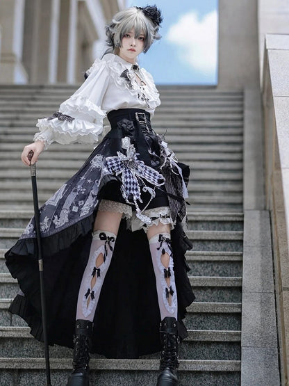 Lolita High-low Skirt Outfit Vibes Black Belt Ouji Shorts Circus Print + Shirt Bunny Corset - White