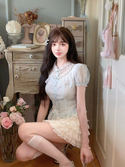 Chiffon Puff Sleeve Blue Polka-dot Top