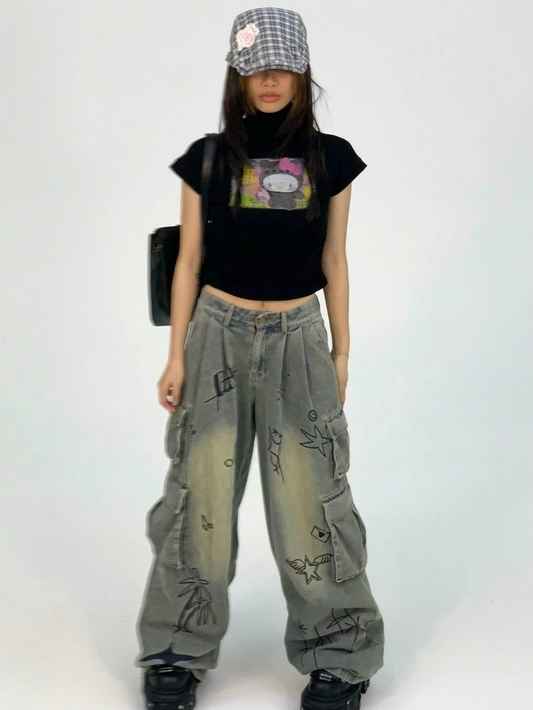 Y2K Graffiti Low for Denim Women Jeans Waist