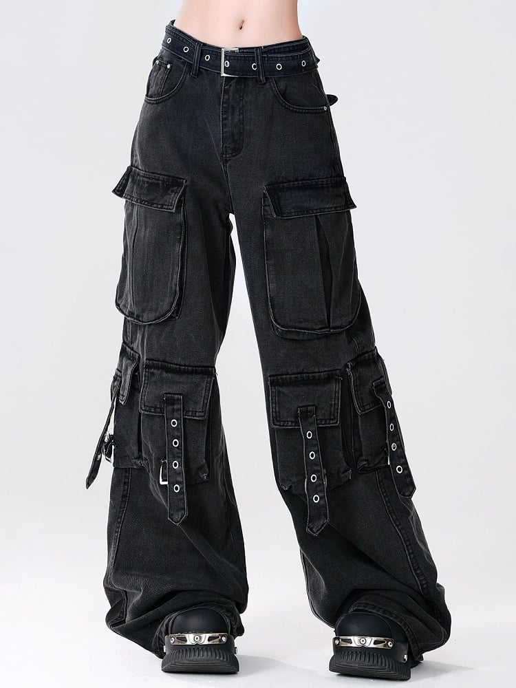 Straps Eyelet Low-Waist Wide-Leg Cargo Jeans Dangling Details with Black