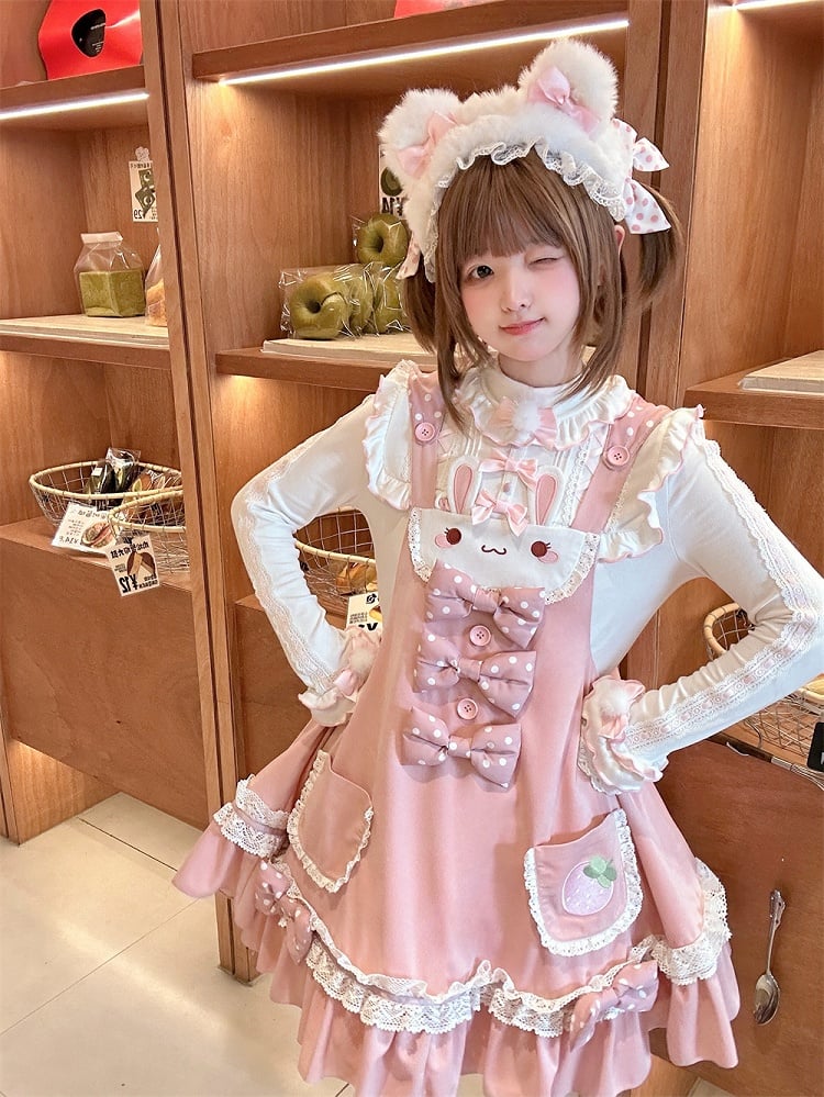 on Polka-dot Bowknot Lolita Jumper Skirt Details Bunny Ears Design Sweet Waist Hood Pink