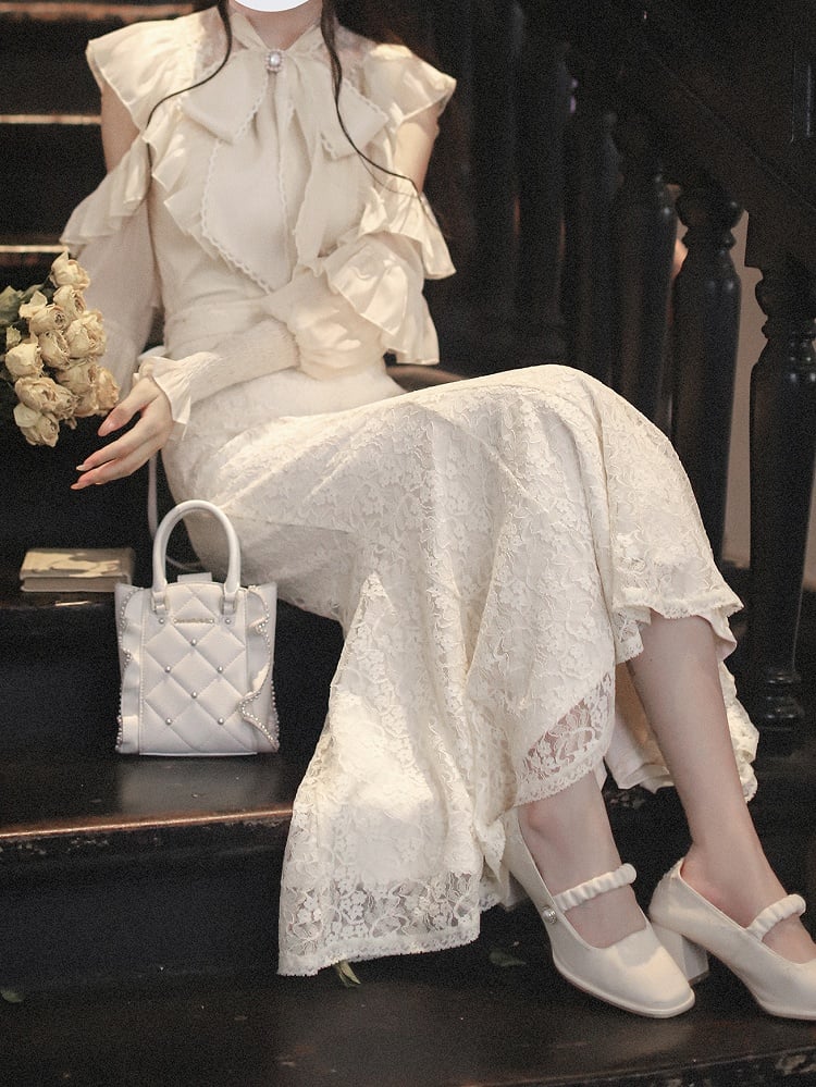 Blouse Jirai Beige Elegance: - Aesthetic Innocent Cutout Clean Kei Flounce Shoulders Chiffon with