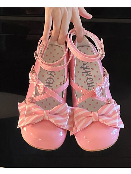 at Mid-heel Bow Dark Janes Striped Sweet - Top Mary Pink Crisscross Lolita Pattern Design