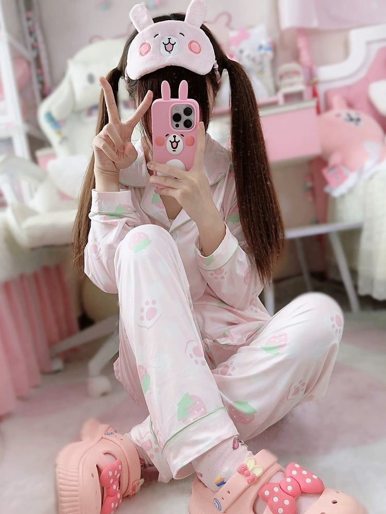 Set Strawberry Cat Light Pajama - Paw Print Pink