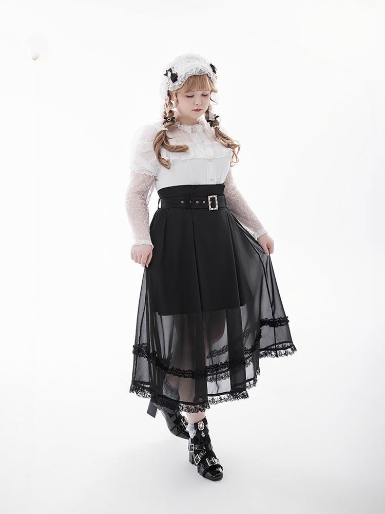 バックルベルト付きスカート ブラック ハイウエスト メッシュオーバーレイ