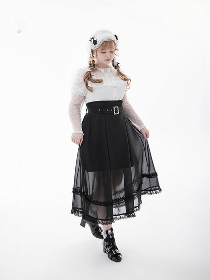 ブラウス+蝶ネクタイ ホワイト イリュージョンネックライン ジュリエットスリーブ ジライケイ レース