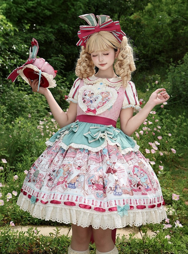 Pink & Green Alice Cat Vibes Heart-shaped Patch Sweet Lolita Dress with Apron Belt - Mewroco