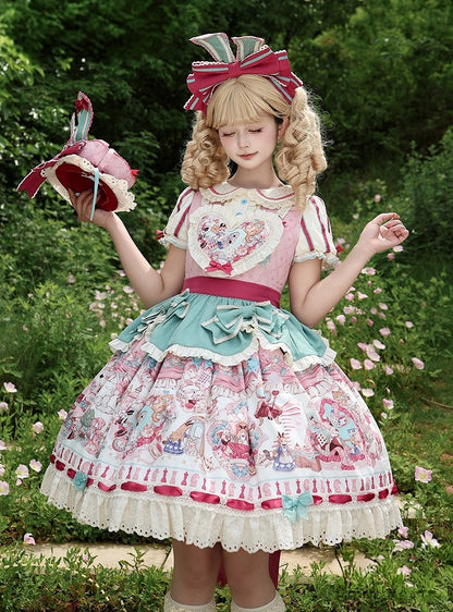 Pink & Green Alice Cat Vibes Heart-shaped Patch Sweet Lolita Dress with Apron Belt - Mewroco