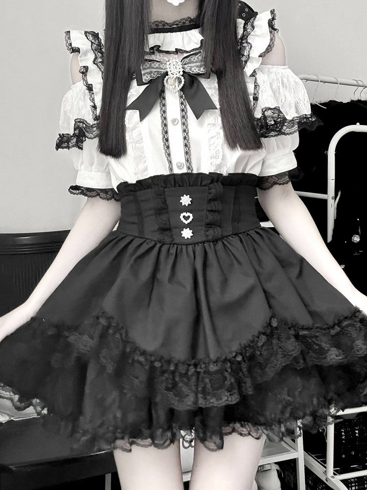Black & White Jirai-kei Cutout Shoulder Short Sleeve Top with Rhinestone Bow and Lace - Virtual Paradise