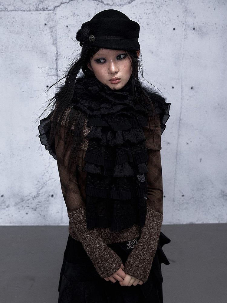 Delicate Lace Vintage Plush Layered Punk Scarf Ruffles - Black