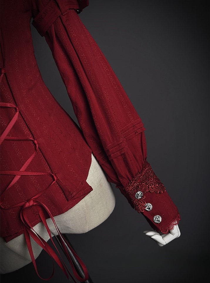 Ruffled Tie Bow Lace and Red with Neckline Lolita Blouse Long-sleeved Details