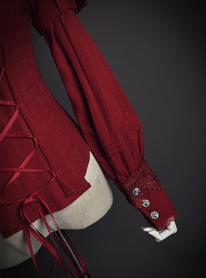 Ruffled Tie Bow Lace and Red with Neckline Lolita Blouse Long-sleeved Details
