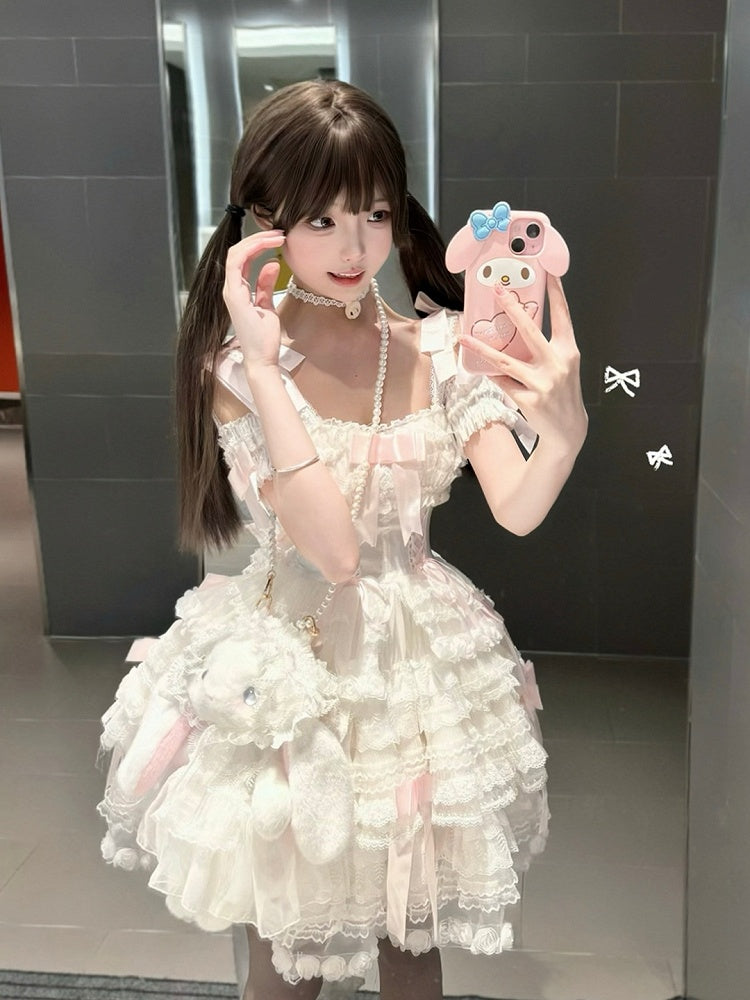 Dress Pink Off-the-shoulder Lolita Sweet Bow White Layered Hime Accents with Lace Ruffles
