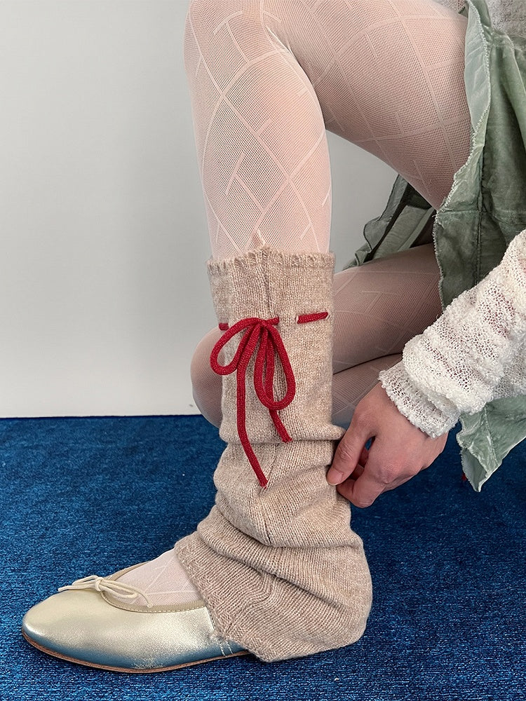 Slouchy Knit Leg Bow Warmers Contrast