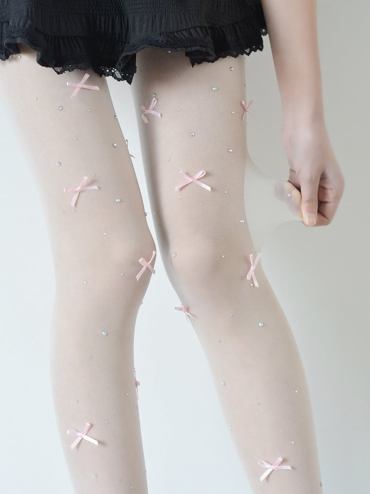 Pink with Decoration and Sheer White Bowknot Tights Rhinestone
