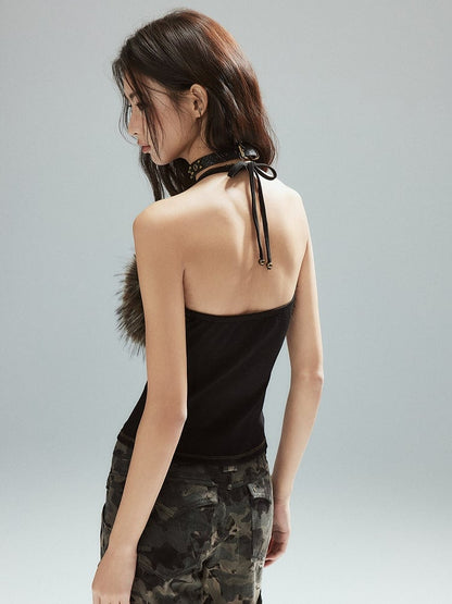 Punk Detachable - Asymmetrical Trim Halter Top Backless Plush