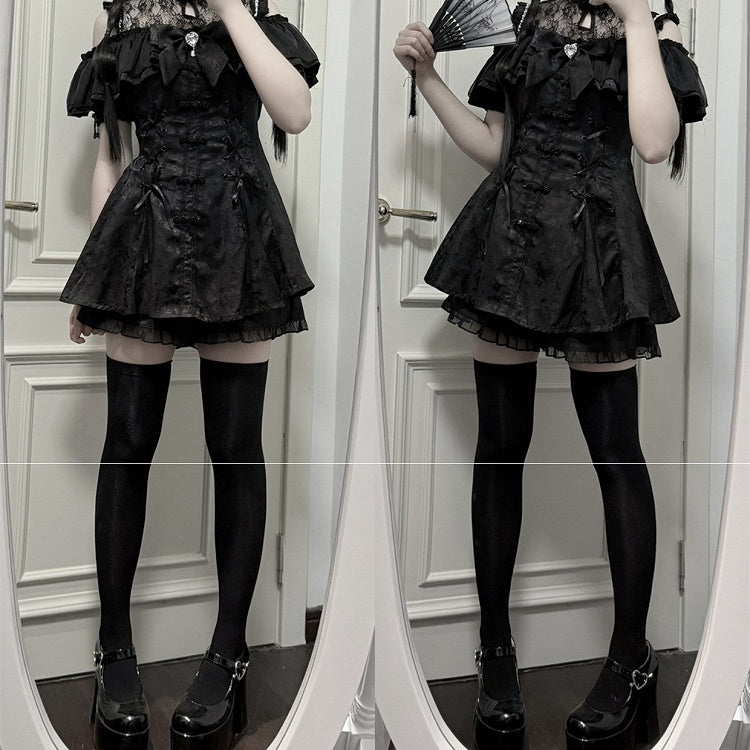 チャイナドレス + イリュージョンジライネックラインミニドレス ボウタイケイショーツセット - ブラックスタイル + ベルスリーブ