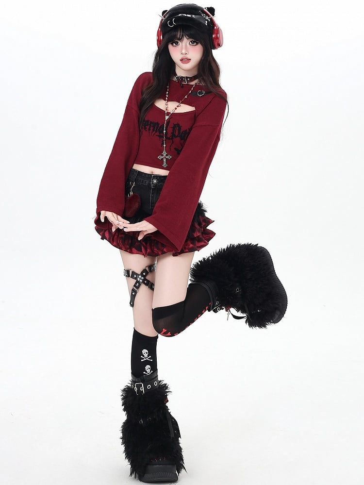 Black/Wine Buckle Bittersweet - Sleeves Long Set Butterfly Top Print Red with Cropped Letter Heart Decor Cami