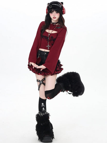 Black/Wine Buckle Bittersweet - Sleeves Long Set Butterfly Top Print Red with Cropped Letter Heart Decor Cami