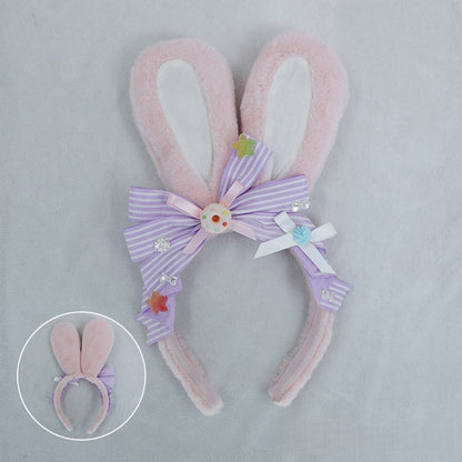 / White Cute and Bow Bunny Ear KC Plush Lolita Donut Decorated Pink