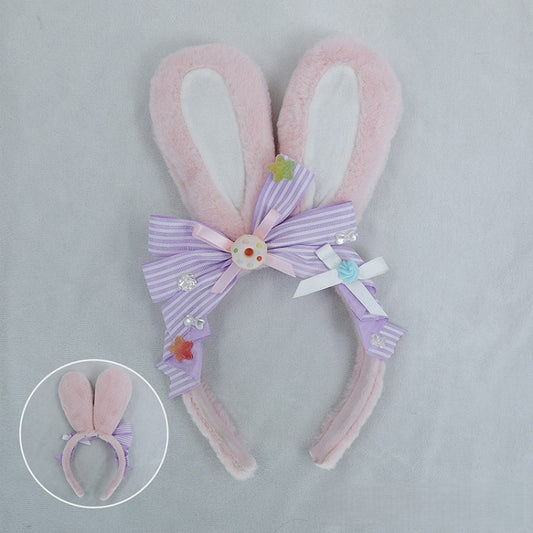 / White Cute and Bow Bunny Ear KC Plush Lolita Donut Decorated Pink