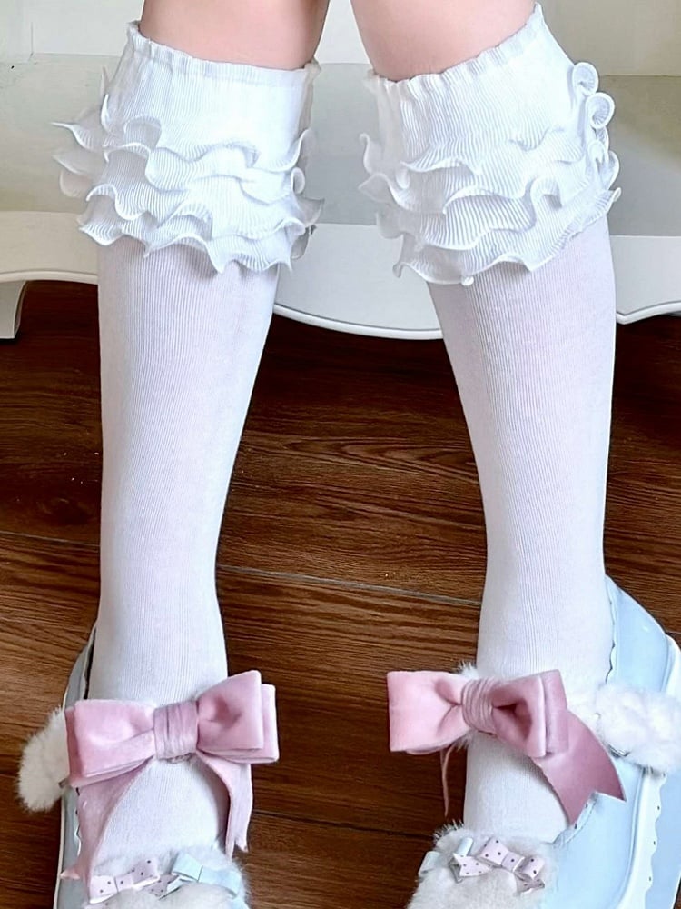 Calf White Socks Ruffle Trims Lolita