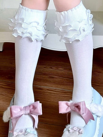 Calf White Socks Ruffle Trims Lolita