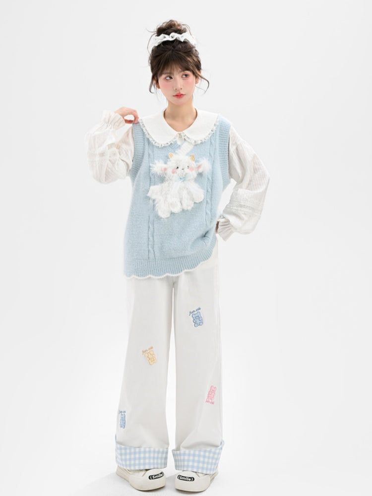 Yume Kawaii Blue Knitted Vest with Plush Lamb at Front