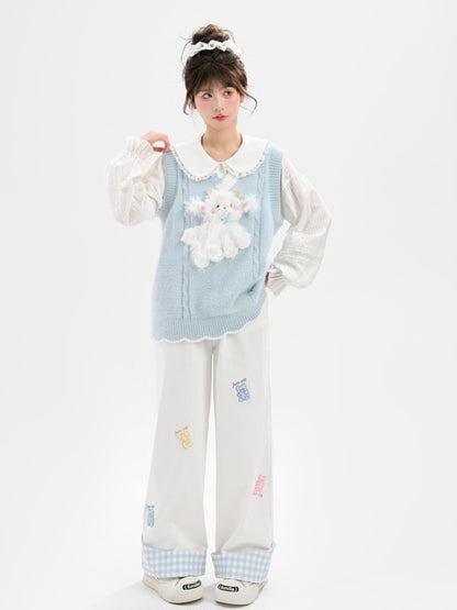 Yume Kawaii Blue Knitted Vest with Plush Lamb at Front