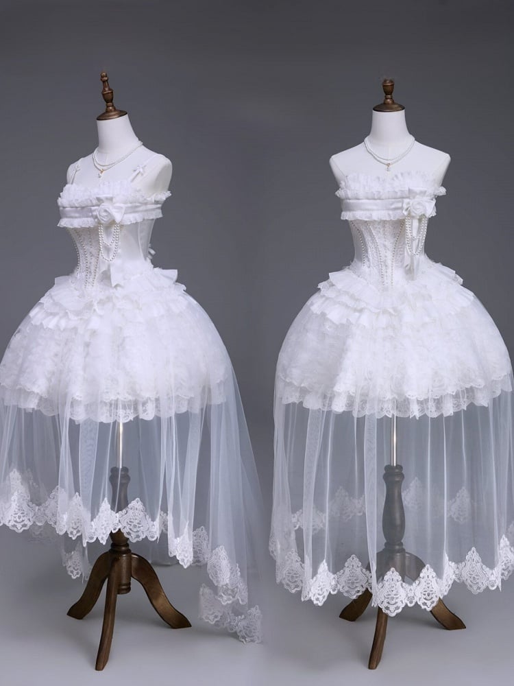 White Lace-Up Lolita JSK with Brooch and Overlays - Airfreeing
