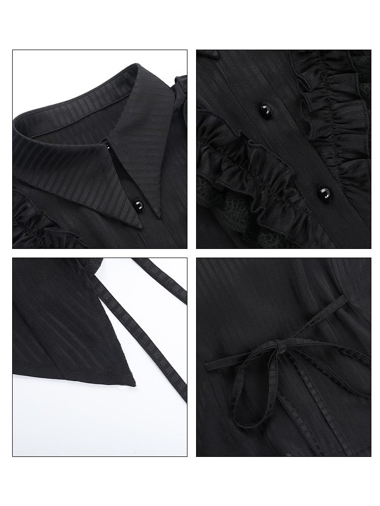 Collar with Detail Sleeve Blouse Back Pointed Gothic Halloween Ruffled Black Tie Flat Puff