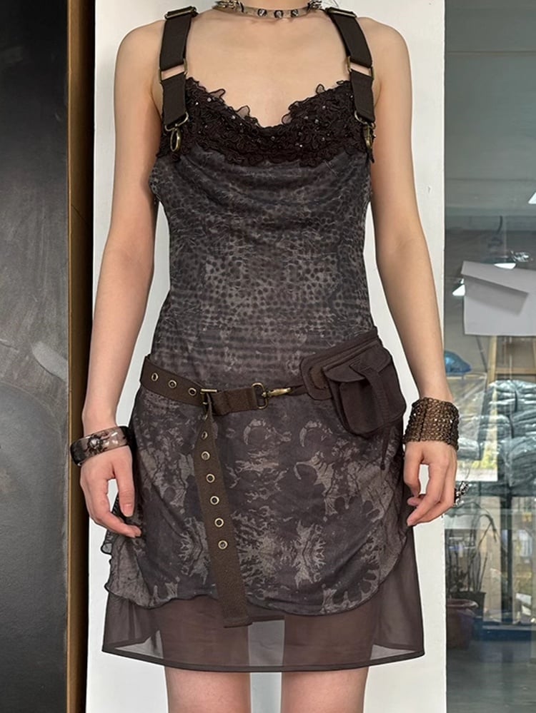 Adjustable Neck with Dress Print Belt Floral Black PU Cowl Layered