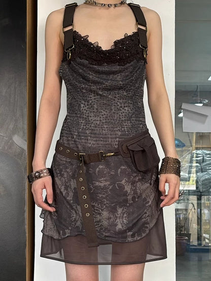 Adjustable Neck with Dress Print Belt Floral Black PU Cowl Layered