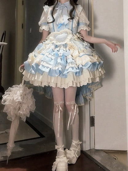 Kleid Taille Tiered Rüschen Lolita Blau Dekoration Bowknot Hohe Süße Rock