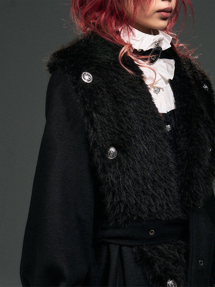 Collar Details Plush Studs Black Coat Punk Tie Wrap Around Long with