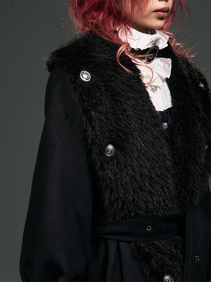 Collar Details Plush Studs Black Coat Punk Tie Wrap Around Long with