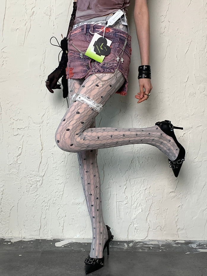 Cat Paw Tights Print Y2K White