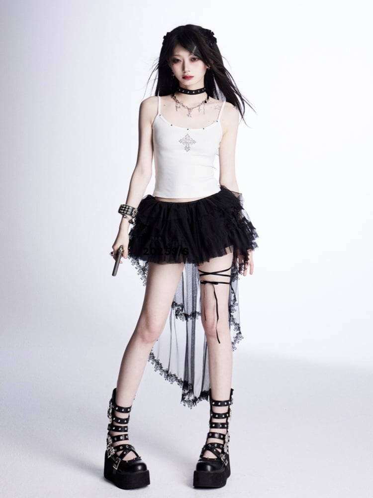 Lace with Tiered Mesh Skirt Train Trim Black Mini