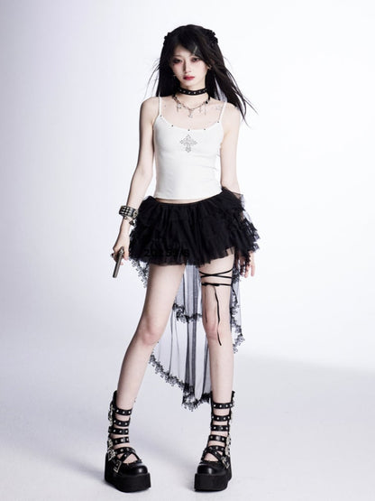 Lace with Tiered Mesh Skirt Train Trim Black Mini