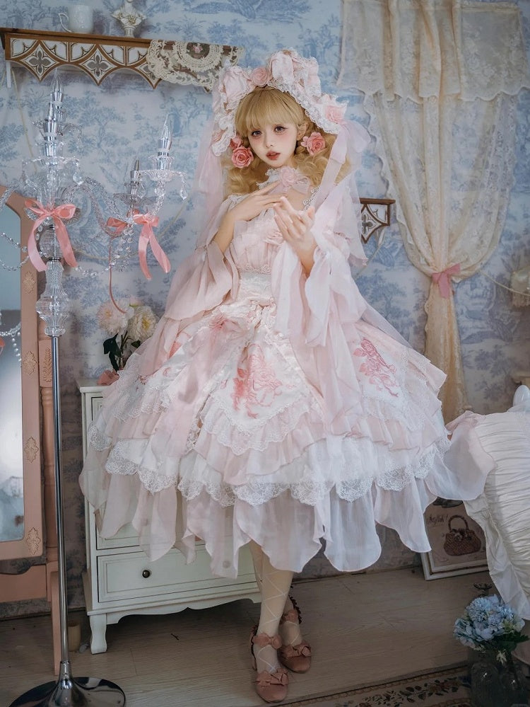 Version JSK Dress Hanayome Lolita Accents Pink with Light Short Flowing Ruffles Rose Layered