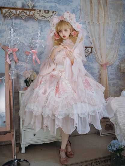 Version JSK Dress Hanayome Lolita Accents Pink with Light Short Flowing Ruffles Rose Layered