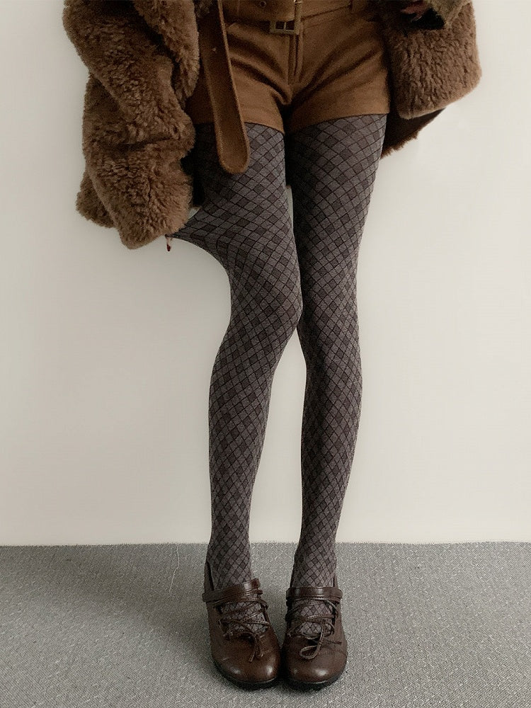 (2 Colors) Warm Knit Diamond Tights Check