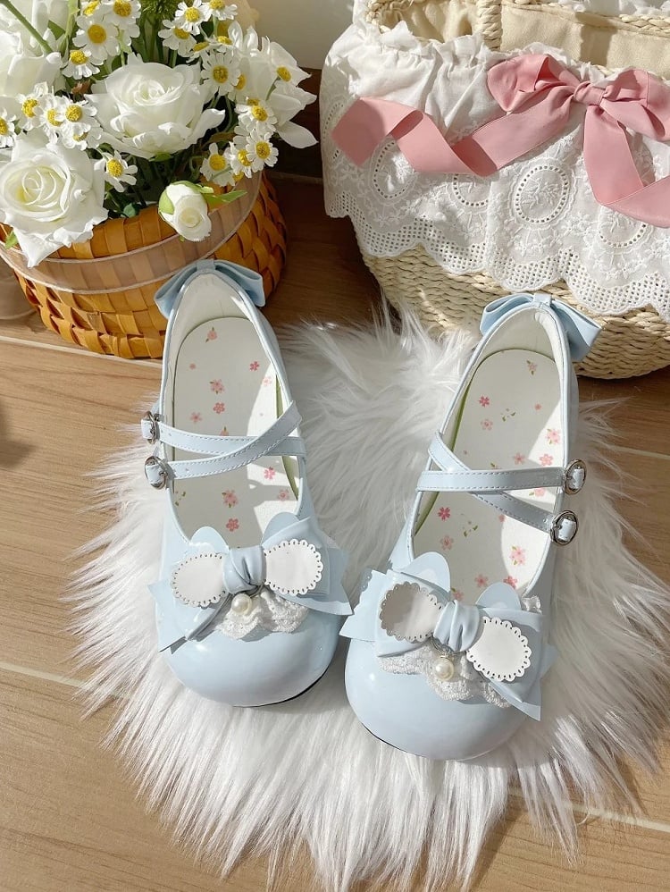 Round Bunny Lolita Mary Accents Low-heel Blue Janes Closure Snap Sweet Bow Themed with