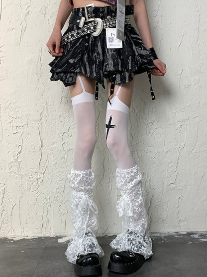 Y2K Stockings Print Cross White Suspender Bittersweet